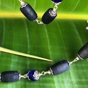 39" black Tulasi with dark blue crystal  glass beads